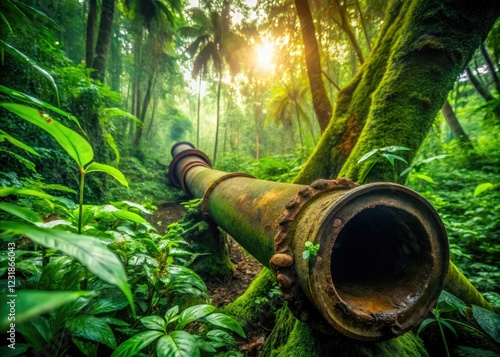 Kakum's vibrant green canopy juxtaposed with a rusting pipe, a surreal African scene. photo