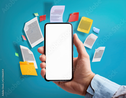 Smartphone held in hand with white screen, colorful floating documents around on light blue background