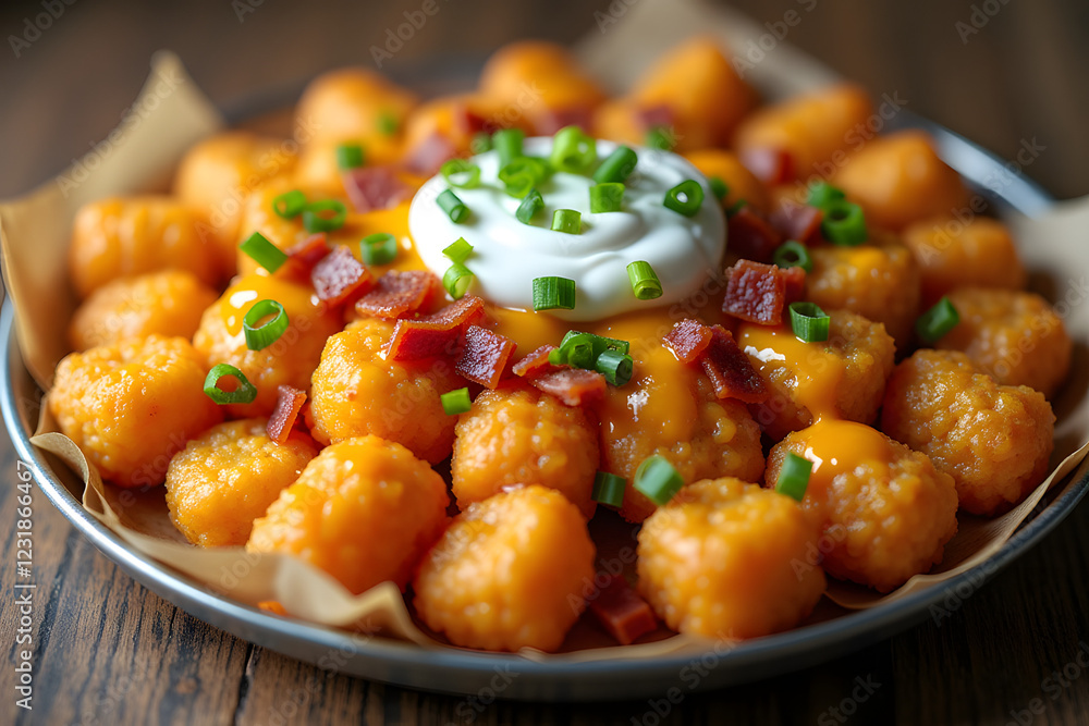 Loaded tater tots with cheese, bacon, and sour cream Loaded tater tots with cheese, bacon, and sour cream
