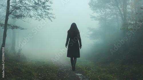 Fototapeta Naklejka Na Ścianę i Meble -  A woman with a long coat and boots walking through a foggy forest path