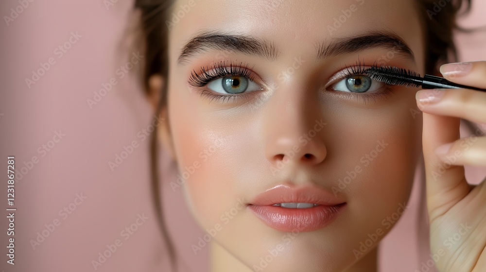 Fototapeta premium A close-up of a woman applying mascara to her long, defined lashes. Her soft pink background complements her flawless complexion, accentuating her expressive blue eyes