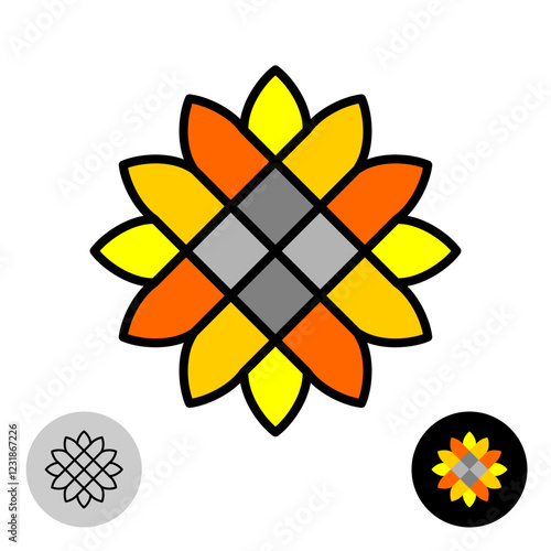 Stylized sunflower logo. Geometric mosaic style symbol of sun flower . Adjustable stroke lines width and type.