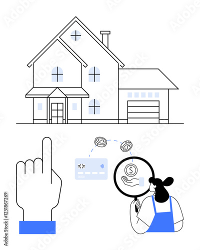 Hand pointing to house with magnifying glass overhand and currency symbols, credit card icon, woman analyzing. Ideal for real estate, investments, finances, home loans, banking, budgeting money