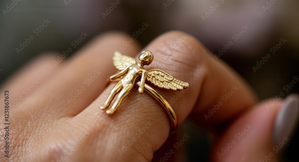Obraz premium Elegant gold ring featuring a small angel figure with wings