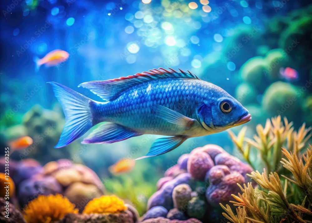 Mesmerizing double exposure: vibrant blue cichlids in an underwater paradise. Mesmerizing double exposure: vibrant blue cichlids in an underwater paradise.