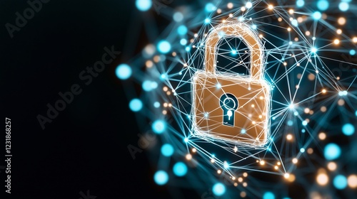 A futuristic glowing digital lock surrounded by an interconnected network, symbolizing cybersecurity, data protection, and online privacy. The neon blue lights contrast with the dark background photo