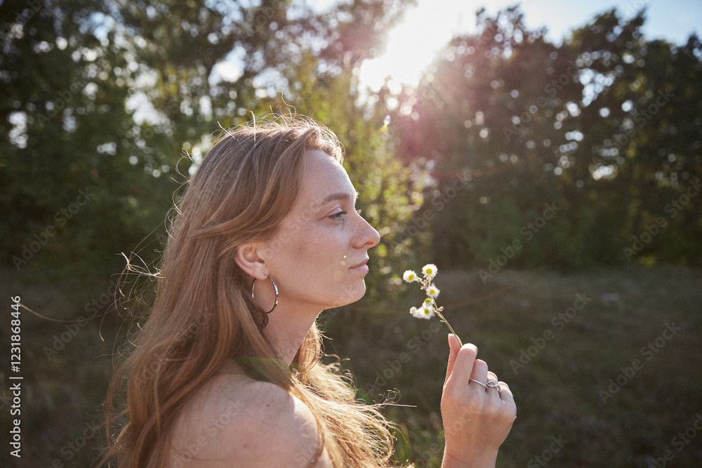 Young woman holding a flower in sunlight with a natural background Young woman holding a flower in sunlight with a natural background