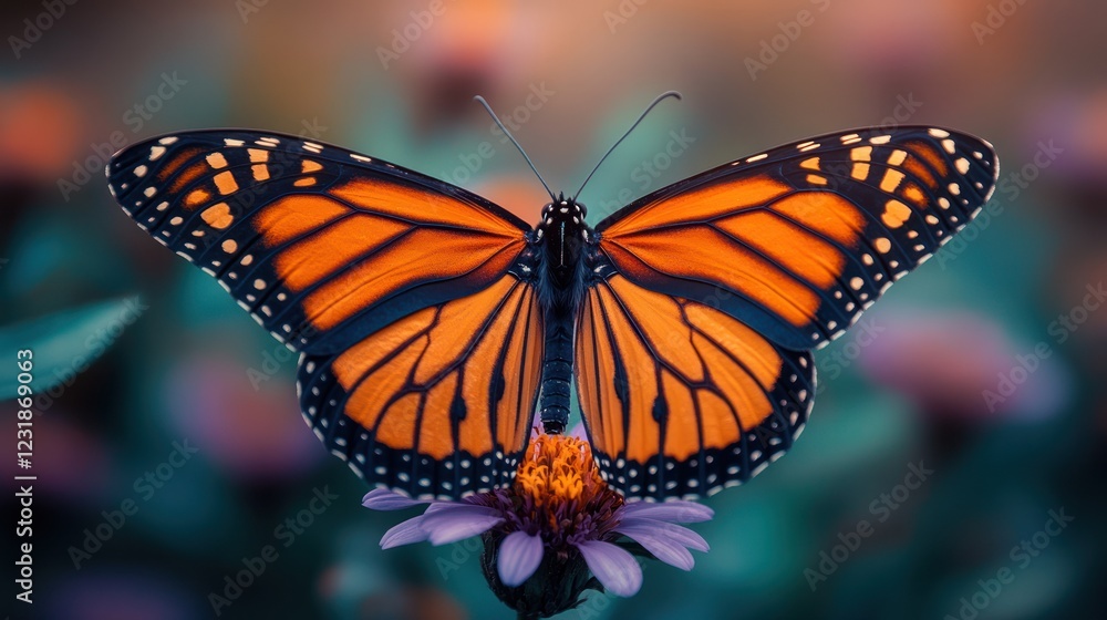 Fototapeta premium Monarch butterfly perched on flower in garden