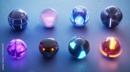 Force shield bubbles, energy glowing spheres or defense dome fields. Science fiction various deflector elements, firewall absolute protection isolated on blue background, Realistic 3d vector set photo