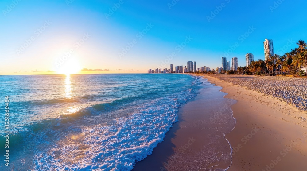 Vibrant sunrise illuminating a serene beach with city skyline in view Vibrant sunrise illuminating a serene beach with city skyline in view