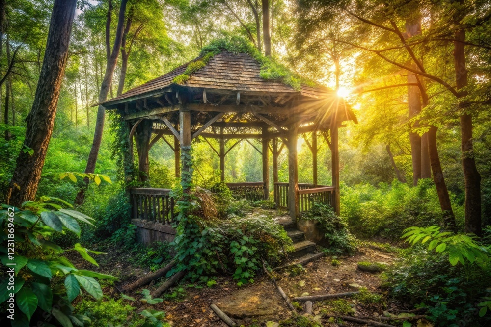 Nature reclaims a decaying gazebo; overgrown path leads to a rustic, abandoned woodland shelter. Nature reclaims a decaying gazebo; overgrown path leads to a rustic, abandoned woodland shelter.