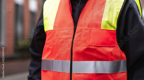 Red reflective warden fire vest for people. Security safety. Vector stock illustration