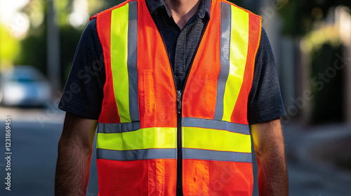 Red reflective warden fire vest for people. Security safety. Vector stock illustration