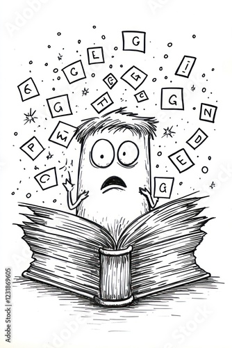 A cartoon character sits in a large open book with letters flying all around him,  looking overwhelmed by the amount of information.