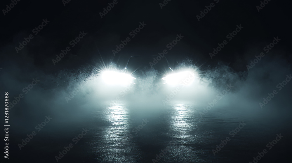 Naklejka premium White car headlight beam top view isolated on dark transparent background, smoky or foggy effect. Auto or bus spot lamp flash at night with vapor clouds realistic vector 3d set illustration