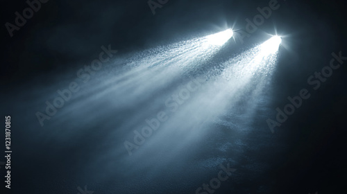 White car headlight beam top view isolated on dark transparent background, smoky or foggy effect. Auto or bus spot lamp flash at night with vapor clouds realistic vector 3d set illustration