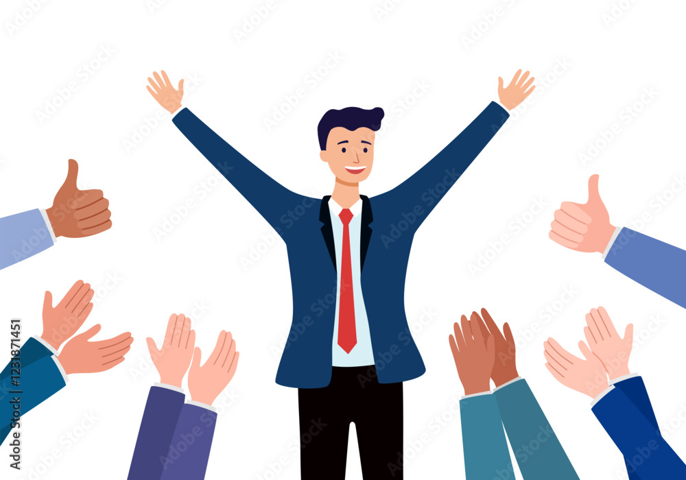 Happy and proud businessman with many hands clapping and thumbs up hands around him. Business compliment concept.