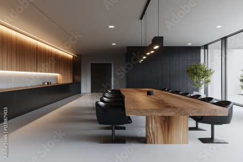 Wallpaper Mural Modern conference room with long wooden table, black chairs, and wood paneling. Torontodigital.ca