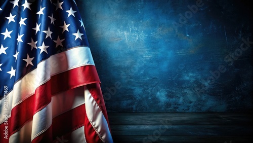 Patriotic American flag backdrop with ample dark blue copy space, ideal for architectural or celebratory designs.