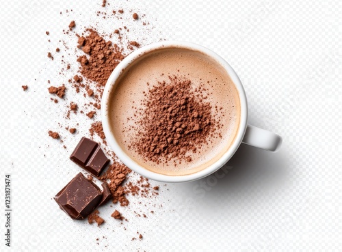 Top view of a cup of cocoa with chocolate pieces and cocoa powder.