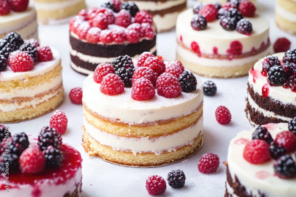 A table filled with various-sized cakes, all covered in white frosting A table filled with various-sized cakes, all covered in white frosting