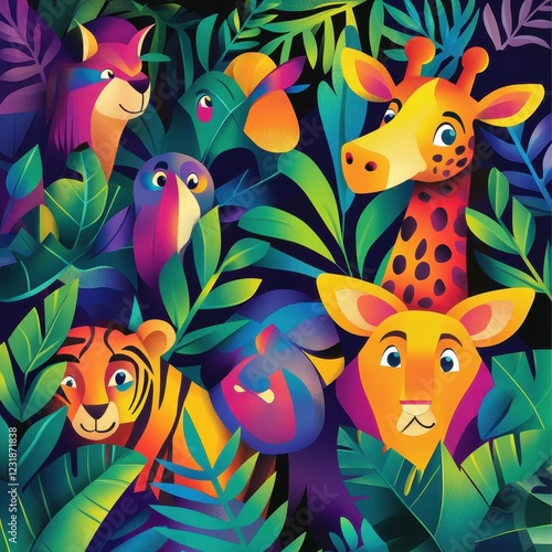 Vibrant Jungle Animals Hidden Among Lush Tropical Foliage photo