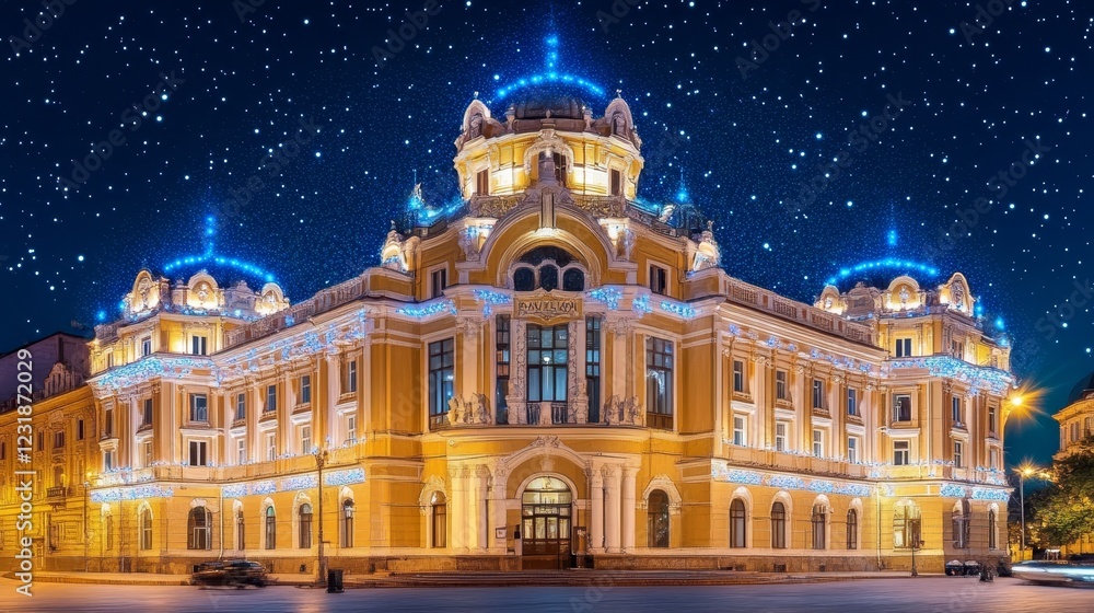 Naklejka premium Beautiful Illuminated Night Architecture, Dramatic Building With Lights Under The Starry Sky