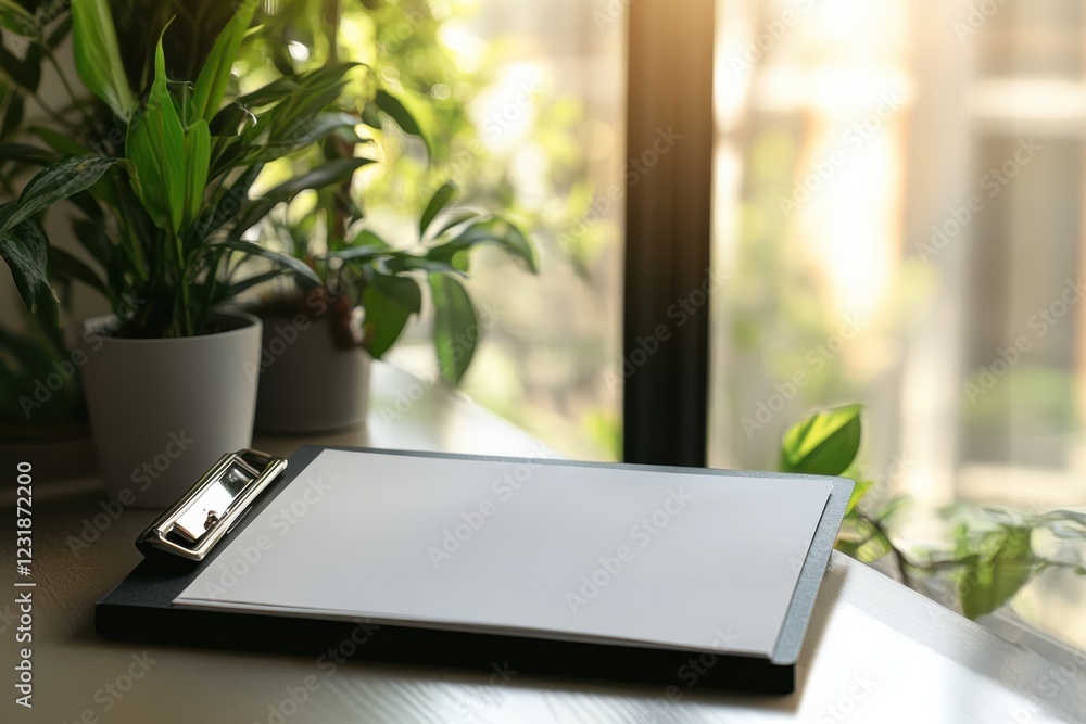 Sunlit workspace with blank paper on clipboard by window and green plants Sunlit workspace with blank paper on clipboard by window and green plants