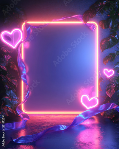 Neon Heart Frame Mockup, Purple Background - Neon aesthetics