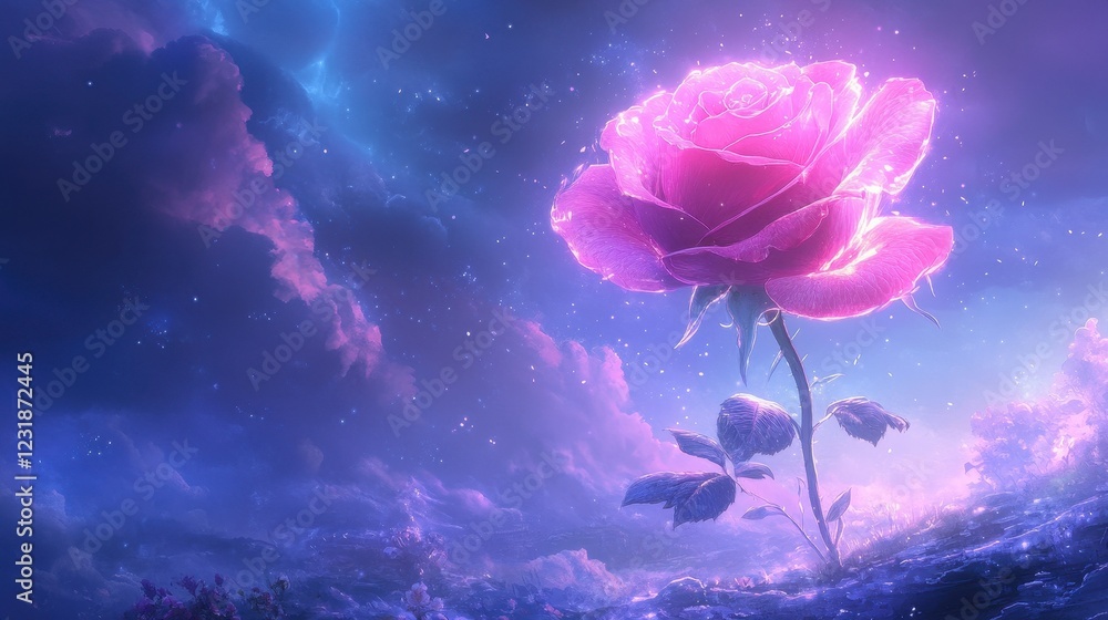 Obraz premium Glowing Pink Rose in a Dreamlike Celestial Landscape