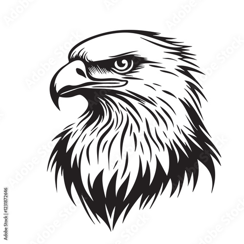 Striking monochrome vector illustration of a bald eagle head in profile view, featuring detailed feathers and piercing eye. Perfect for logos and patriotic designs, Bird, Wildlife Animals.