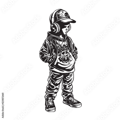 Vector of a cool young boy in a hoodie, cap, and headphones, hands in pockets, exuding urban street style and attitude.