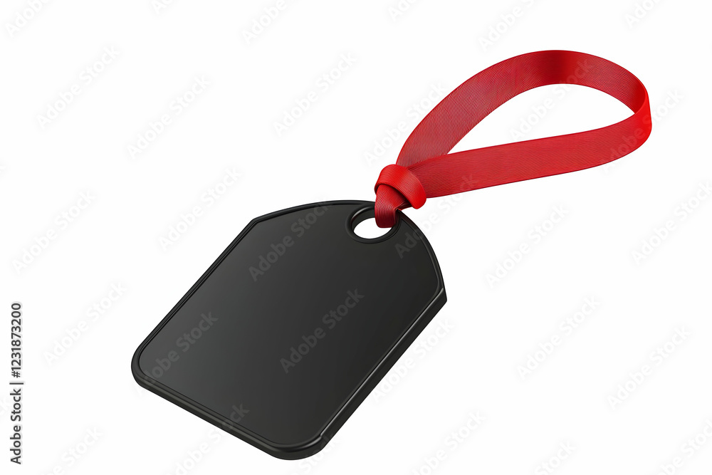 Fototapeta premium Black gift tag with red ribbon, isolated