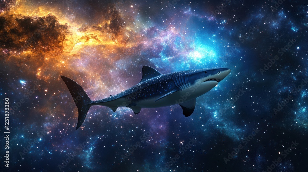 A whale shark swims through a vibrant nebula in space. A whale shark swims through a vibrant nebula in space.