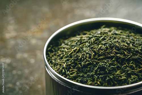 Close-up of premium dried gyokuro sencha tea leaves in a tin container, ideal for promoting quality tea products photo