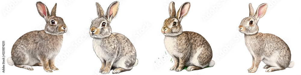 Fototapeta premium Adorable rabbits and hares sitting hopping and exploring in a natural outdoor environment like a meadow field or grassland Closeup portraits of these small fluffy