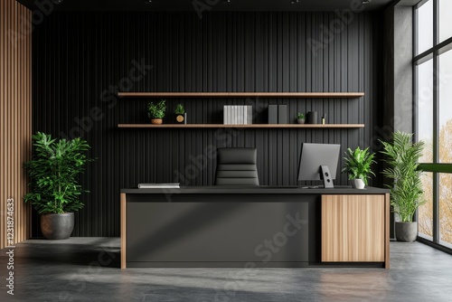 Wallpaper Mural Modern dark office interior with large desk, shelves, plants, and window. Torontodigital.ca