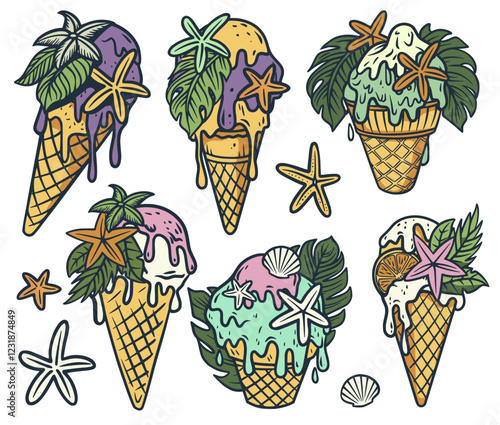 Tropical ice cream cones set with vivid scoops, palm leaves, starfish decorating sweet frozen treat representing summer beach dessert enjoyment