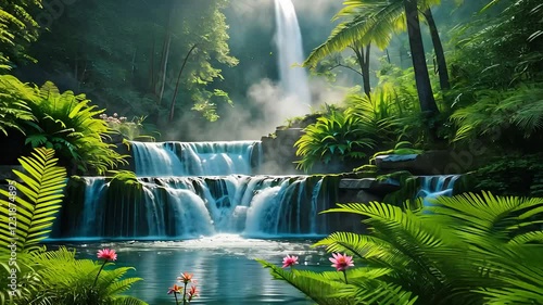 Tropical Waterfall Cascading into a Crystal Clear Pool Surrounded by Lush Greenery and Exotic Flowers

 photo