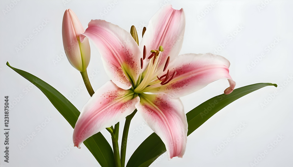 Elegant Pink Lily Bloom with Bud and Lush Green Leaves Elegant Pink Lily Bloom with Bud and Lush Green Leaves