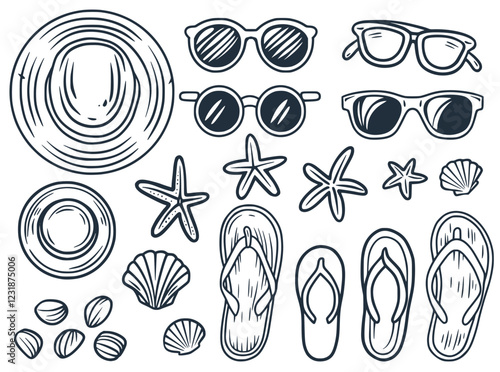 Summer vacation elements featuring hand sketched sunglasses, flip flops, seashells, starfish, and sun hats representing tropical leisure and travel mood