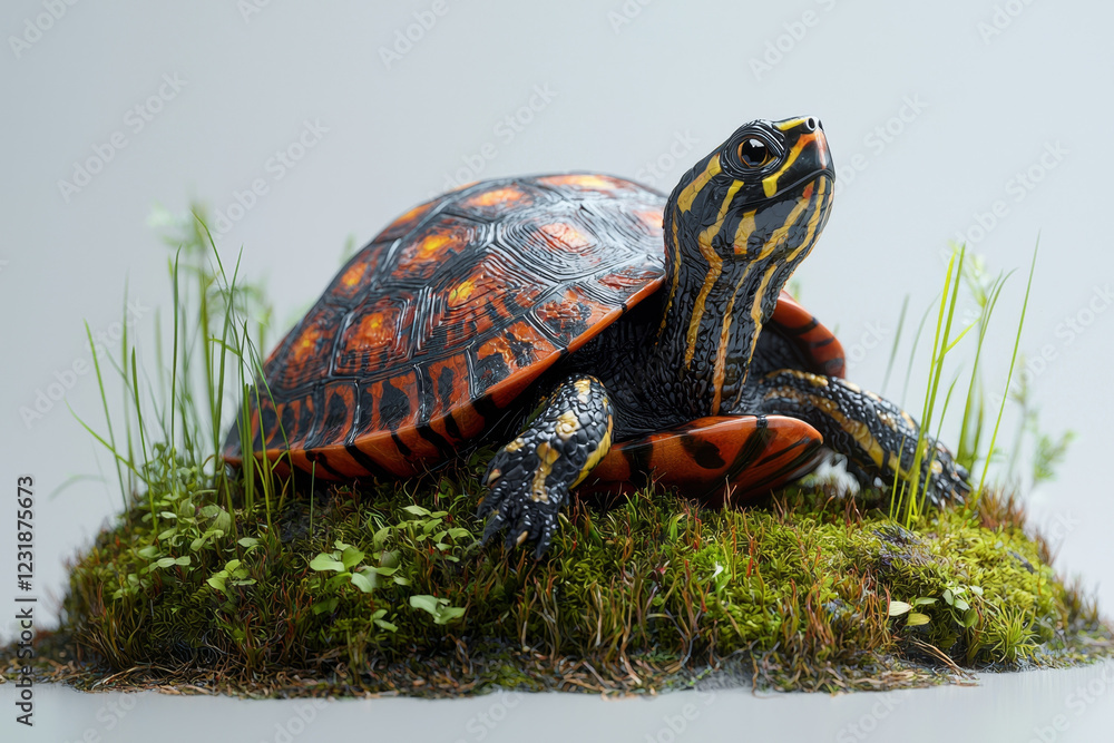 Obraz premium Striped and orange turtle rests on mossy patch, alert.