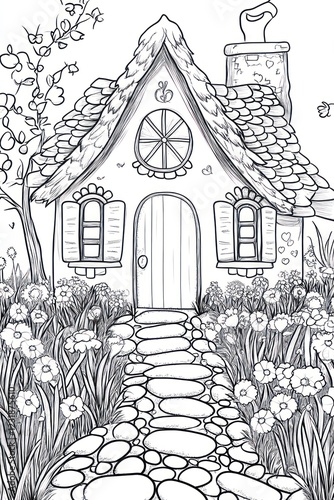 Wallpaper Mural A charming cottage with a stone path leading to the front door, surrounded by a beautiful garden. Torontodigital.ca