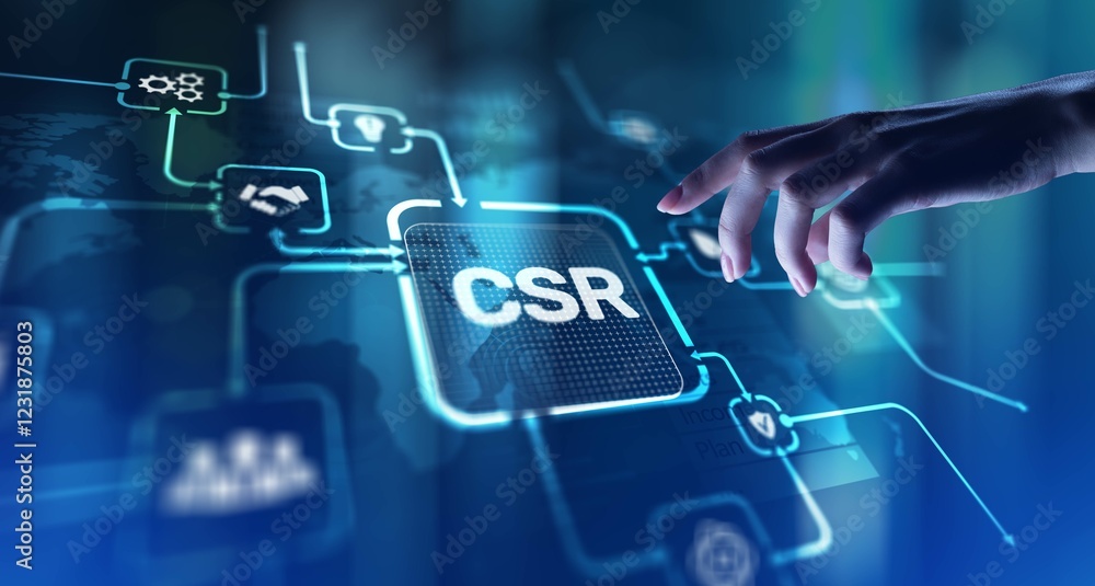CSR Corporate Social Responsibility Promoting Ethical Practices and Community Engagement, projection on a virtual screen, Business and Technology Concept. CSR Corporate Social Responsibility Promoting Ethical Practices and Community Engagement, projection on a virtual screen, Business and Technology Concept.