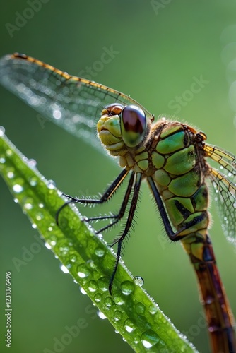 dragonfly, macro photography, 8K ultra HD, high resolution, nature photography, dewdrops, morning light, vibrant colors, insect photography, wildlife photography, green leaf, shimmering wings, close-u photo