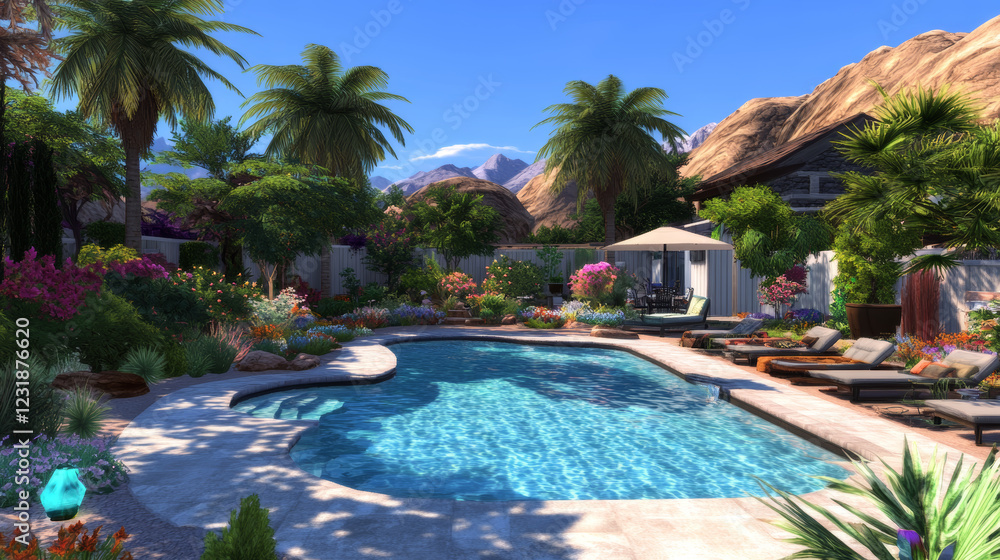 Fototapeta premium Cartoon swimming pool with mountains on horizon. Vector illustration of hotel backyard area with recreation poolside lounge zone surrounded by green bushes, palm trees and flowers. Summer vacation