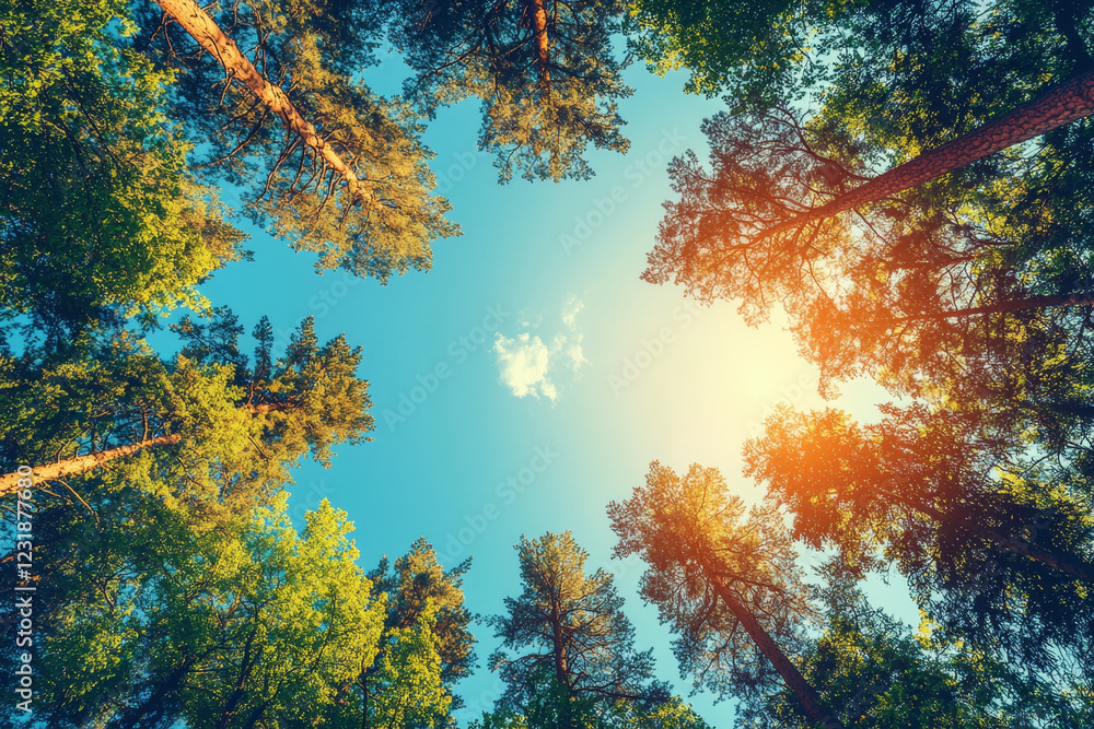 Sunlight through tall trees, a forest canopy viewed from below. Sunlight through tall trees, a forest canopy viewed from below.