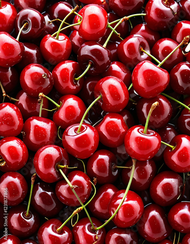 a bunch of ripe cherries with stems, vibrant red, glossy surface