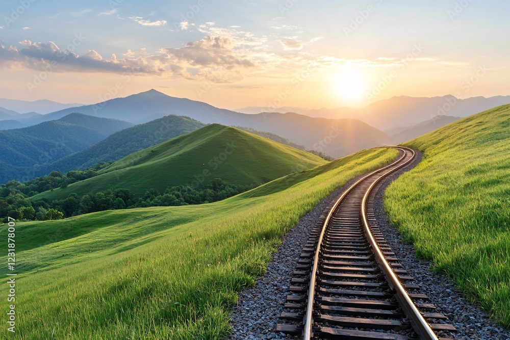 Scenic railways transportation concept. A scenic view of a winding railway track through lush green hills at sunset, with mountains in the background.