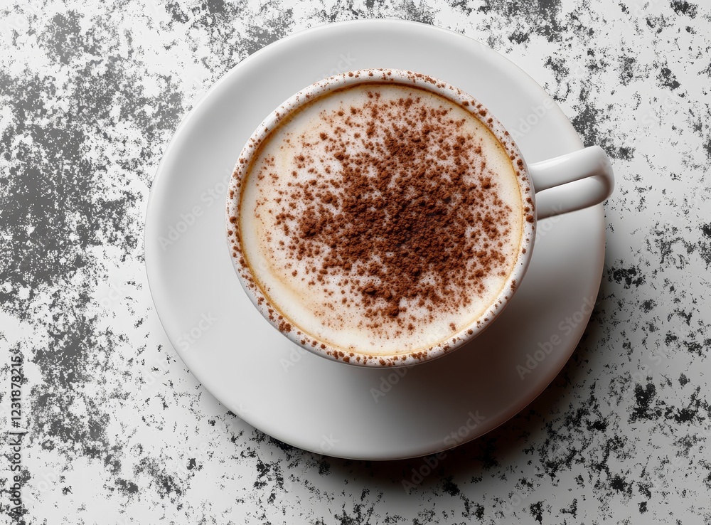 Overhead view of a cappuccino in a white cup and saucer on a mottled gray surface. Overhead view of a cappuccino in a white cup and saucer on a mottled gray surface.